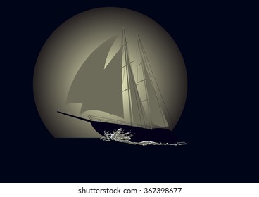 Boat under sails on the open ocean swims against the backdrop of the moon