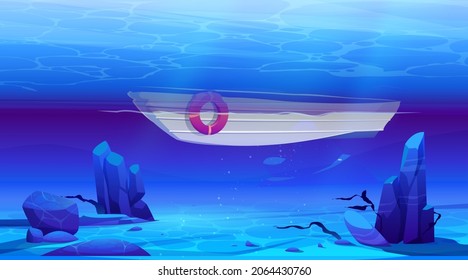 Boat underwater view, empty sea bottom with sand, seaweeds, rocks and bubbles floating at sunlight beam falling from above and skiff with lifebuoy. Marine undersea scene, Cartoon vector illustration