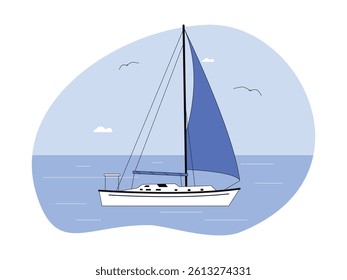 Boat using sail to sail on the ocean, with blue sky background, yacht vector illustration.