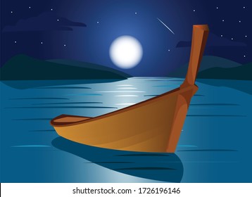 Bootvektor, Cartoon. Ein Boot auf dem Nachtmeer, ein langes Schiff zum Angeln