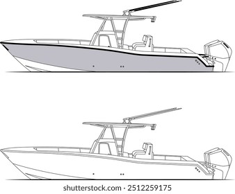 Boat Vector, Fishing Boat Images, Sport Fishing Boat Vector, Line Art, Ector Art, Flat Design, Fishing Illustration, Boat Vector, Silhouette Photo, Wave Vector.