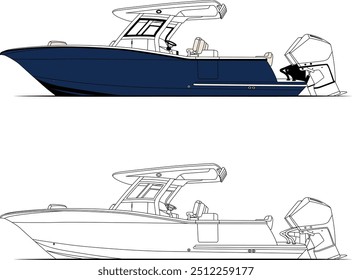 Boat Vector, Fishing Boat Images, Sport Fishing Boat Vector, Line Art, Ector Art, Flat Design, Fishing Illustration, Boat Vector, Silhouette Photo, Wave Vector.