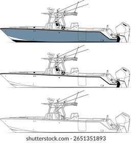 Boat vector, Fishing boat vector line art illustration and one color.