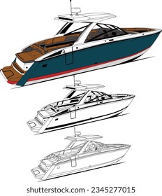 Boat vector, fishing boat vector, motorboat vector , line art illustration and one color.