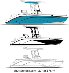 Boat vector, Fishing boat vector, Motorboat vector line art illustration and one color.
