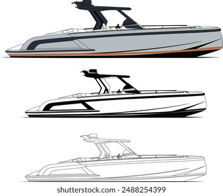 Boat vector, Fishing boat vector, Motorboat vector line art illustration and one color.