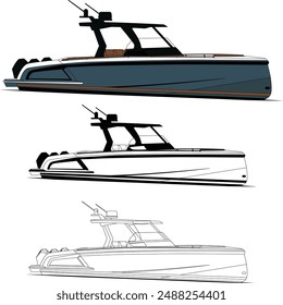 Boat vector, Fishing boat vector, Motorboat vector line art illustration and one color.