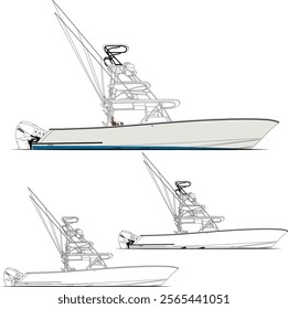  Boat Vector, Fishing boat vector, Sport fishing boat vector line art illustration and one-color