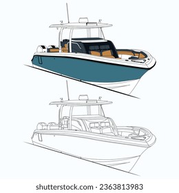 Boat vector, front view fishing boat vector line art and one color