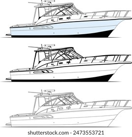  Boat vector, High-quality line drawing vector fishing boat. Black, white, and color illustration.	