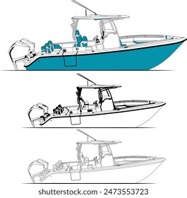  Boat vector, High-quality line drawing vector fishing boat. Black, white, and color illustration.	