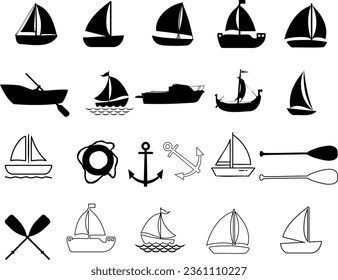 Boat vector illustration, Featuring sailboats, motorboats, rowboats, gondolas, anchors, life preservers, and oars, this vector illustration is perfect for any sea lover svg