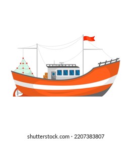 Boat vector illustration. Fisherman trawlers, ships with cranes lifting nets isolated on white. For food and seafood industry, marine job, transportation concept