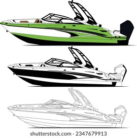 Boat vector, Jet motorboat vector, Fishing boat vector, line art illustration and one color.