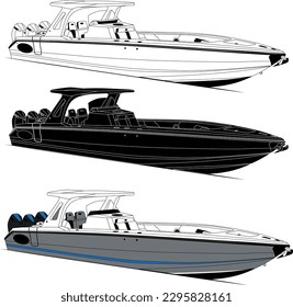 Boat vector line art illustration with silhouette.