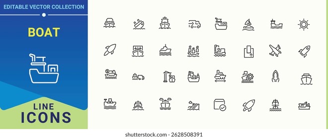 Conjunto de ícone de linha de vetor de barco. Apresentando ping, iate, náutico, férias, transporte, veleiro e muito mais. Conjunto de ícones de entrega. Pacote de ícones minimalistas. Ilustração vetorial. Pixel perfeito.