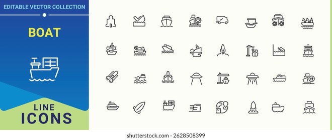 Boat vector line icon set. Contains such symbols as transport, yacht, sail, travel, vacation, ping. Ship icon set. Minimal icons collection. Editable stroke. Vector collection.