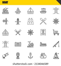 boat vector line icons set. flood, cannon and boat Icons. Thin line design. Modern outline graphic elements, simple stroke symbols stock illustration