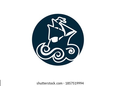 boat vector logo design in blue with a wave underneath