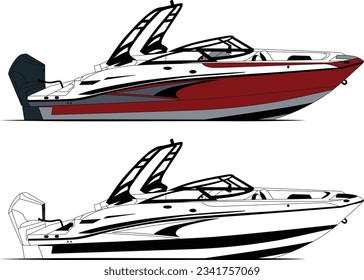 Boat vector, motor boat vector line art illustration