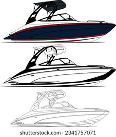 Boat vector, motor boat vector line art illustration