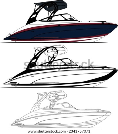 Boat vector, motor boat vector line art illustration