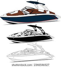 Boat vector, motorboat vector, jet motorboat vector line art illustration and one color.