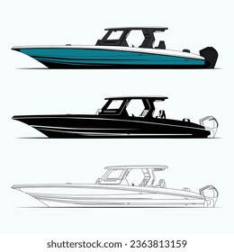 Boat vector, side view fishing boat vector line art and one color