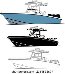 Boat vector, side view fishing boat vector line art and one color