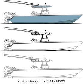 Boat vector, Side view fishing boat vector line art illustration