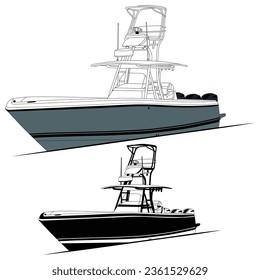 Boat vector. Yacht vector, Fishing boat vector line art and one color