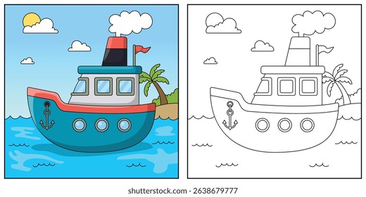 Boat Vehicle Coloring Page Colored Illustration.
