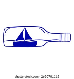 Boat in a water bottle. Nautical design element in doodle style.