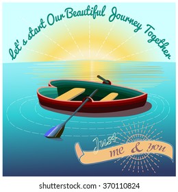 boat in the water in flat style. Love concept. Boat on the sea for two, for couple. Morning sun shine Valentines day Me and you together greeting card. vector illustration