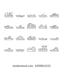 Boat Water Transportation Types Icons Set Vector. Runabout And Catamaran, Fishing And Bowrider, Motor Yacht And Cabin Cruiser Boat Line. Ship And Motorboat Transport Black Contour Illustrations svg
