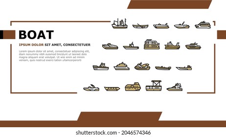 Boat Water Transportation Types Landing Web Page Header Banner Template Vector. Runabout And Catamaran, Fishing And Bowrider, Motor Yacht And Cabin Cruiser Boat Illustration svg