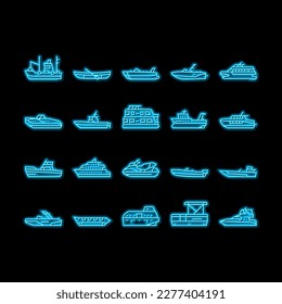Boat Water Transportation Types neon light sign vector. Runabout And Catamaran, Fishing And Bowrider, Motor Yacht And Cabin Cruiser Boat Line. Ship And Motorboat Transport Illustrations svg