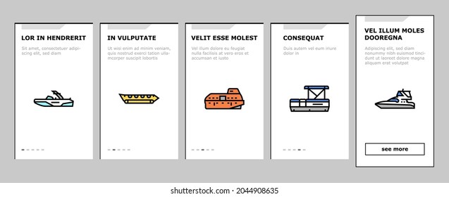 Boat Water Transportation Types Onboarding Mobile App Page Screen Vector. Runabout And Catamaran, Fishing And Bowrider, Motor Yacht And Cabin Cruiser Boat Illustrations svg