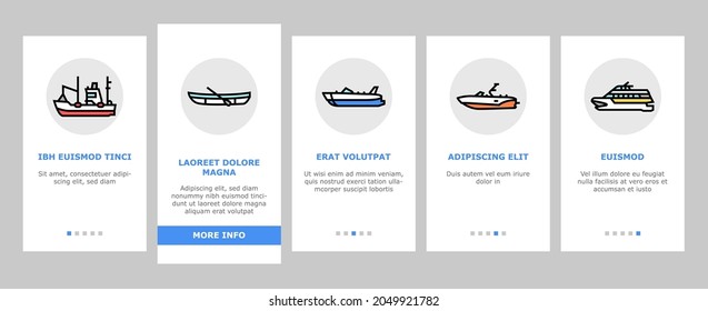 Boat Water Transportation Types Onboarding Mobile App Page Screen Vector. Runabout And Catamaran, Fishing And Bowrider, Motor Yacht And Cabin Cruiser Boat Illustrations svg