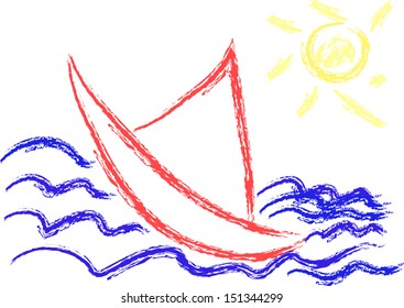 Boat waves, clouds and sun. Vector illustration on white