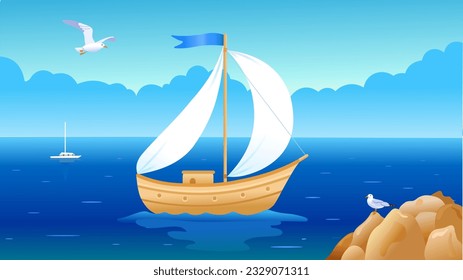 Un barco con vela blanca flota en el mar. Ilustración vectorial en formato amplio