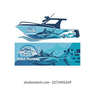 BOAT WRAPPING TUNA FISHING LOGO, silhouette of grat oat vector illustrations