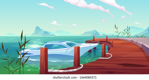 Boote, Yachten, die auf Fluss- oder Seenlandschaft gepflegt sind, leere Holzpfade mit Seilen und Schilf wachsen im Wasser auf malerischem Teich-Hintergrund mit Bergblick. Cartoon-Vektorillustration-Illustration