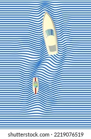 Boat and yacht on the sea wave. Vector illustration of a boat and a yacht located on the crest of a sea wave. Sketch for creativity.