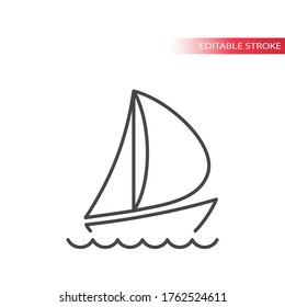 Boat Or Yacht Thin Line Vector Icon. Sailboat With Water Waves In The Sea Outline Symbol. Editable Stroke.