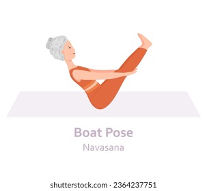 Boat Yoga pose. Navasana. Elderly woman practicing yoga asana. Healthy lifestyle. Flat cartoon character. Vector illustration