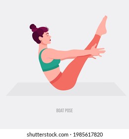 Boat Yoga pose. Young woman practicing yoga  exercise. Woman workout fitness, aerobic and exercises. Vector Illustration.
