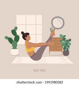Boat Yoga pose. Young woman practicing yoga  exercise. Woman workout fitness, aerobic and exercises. Vector Illustration.