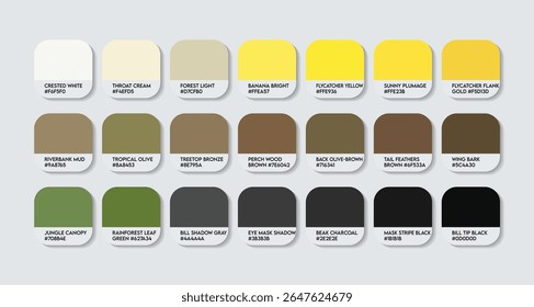 Boat-billed Flycatcher Color Palette. Boat-billed Flycatcher color Tone Swatch Chart with HEX Codes and Color Names. Megarhynchos pitangua feathers and Body Colors Tones Variants. Fashion color palett
