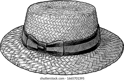 Boater cloche, straw hat illustration, drawing, engraving, ink, line art, vector